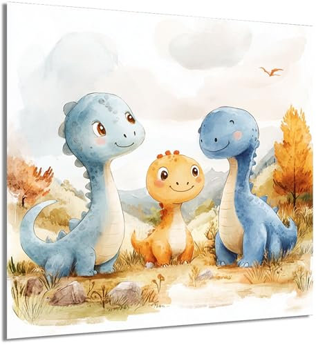 DRO Design Dino Kunstwerk 50x50 cm – Dinosaurier Wandbild für Kinderzimmer & Spielzimmer – für Jungen & Mädchen – Aufhängefertig mit vormontiertem Haken - Dinobild - Bild mit Dinosaurier