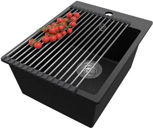 PRIMAGRAN Fregadero Cocina Negro Metallic 38x50cm, Granito 1 Seno + Sifón + Enrollable Escurridor, Sobre encimera al mueble 40cm - Riga S040