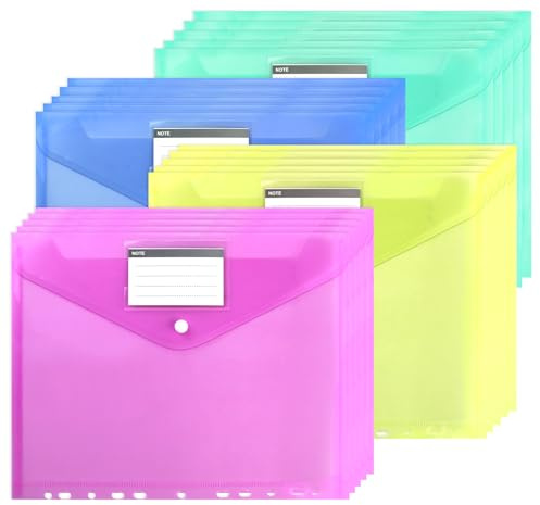 NOTEZMATE 20 Pack Plastic Wallets A4 Punched Pockets, 4 Colour A4 Punched Wallet,11 Hole File Folder with Snap Button,Tab Card, Fit 2/3/4 Ring Binders Folders for Home School Office Travel Supplies