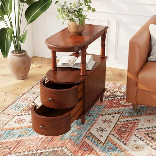 PADMA HOUSE Massivholz Beistelltisch mit 2 Schubladen, schmaler Wohnzimmertisch mit Aufbewahrungsregal, Vintage Slim Sofatisch, Kaffeetisch Kirsche Nussbaum (1, Nussbaum)