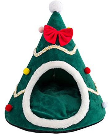 Tenda per animali domestici a forma di albero di Natale, morbida cuccia per cani e gatti di piccola taglia, auto-riscaldante, design con cappello di Babbo Natale