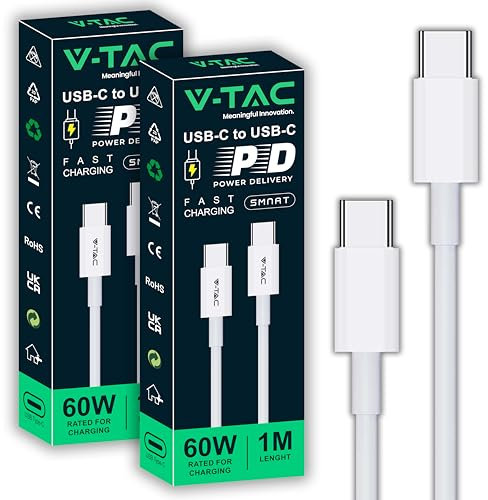 V-TAC 2x Cable USB-C a USB-C de 1 Metro para Smartphone, Iphone, Smasung, Computer, Tableta - PD 60W - Cable Tipo-C para Carga rápida y transmisión de Datos - Compatible Xiaomi, Galaxy y Pixel