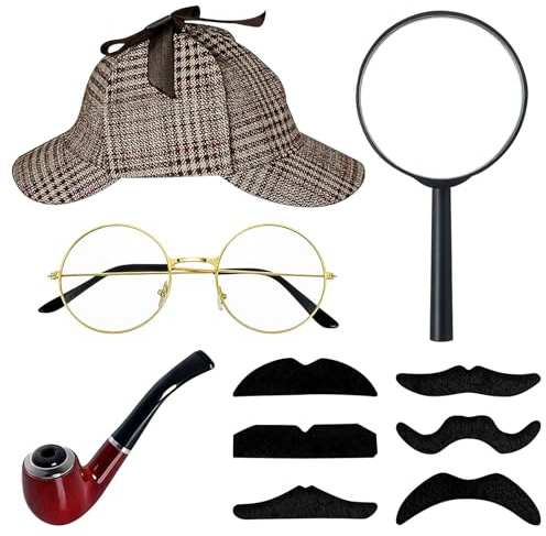DIKARIYA Detektiv Kostüm Zubehör Set, 5er Sherlock Holmes Kostüm Accessoires mit Detektiv Hut Brille Falscher Schnurrbart Lupe Detektiv Requisiten für Halloween Fasching Karneval Herren Cosplay Party