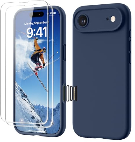 GOODVISH 4 en 1 Coque iPhone Air Silicone avec 2 Verre Trempé, Bleu Marine | avec Bouton de Contrôle Caméra, 360° Protection Étui Précise Résistant aux Rayures Antidérapant Phone 17 Air Case 6.5