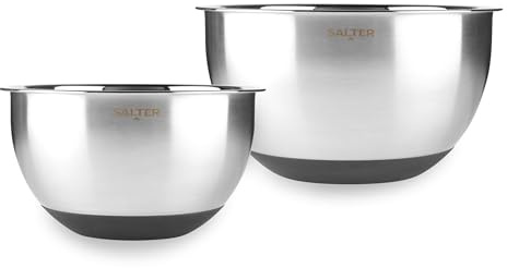 Salter Expert Mixing Bowl Set – Pack of 2, Durable Brushed Stainless Steel, 20/24 cm Baking Bowls, Silicone Non-Slip Base, Mirror Polished Interior, Measurement Scale, Versatile, Salad, Cooking