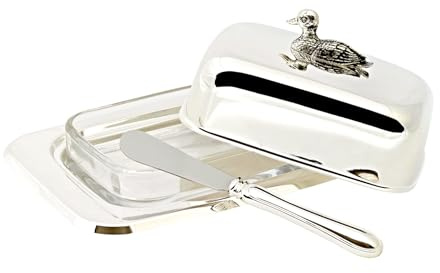 EDZARD Butterdose Ente (13 x 18 cm, H 8 cm), Silberglanz-Finish, hochglanzpoliert, mit Glasschale, inklusive Buttermesser, für 250 Gramm Butter - Servierschale für Butter edel, Tischdeko Ente
