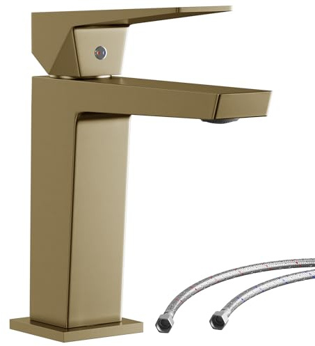Mepplzian Waschtischarmatur,Wasserhahn Bad Glod 230mm,Wassersparend | Einfache G3/8 Einlochmontage,Inklusive flexibler Schläuche,Leise,H59 Messing Badarmatur,Rostfrei, pflegeleicht & dicht
