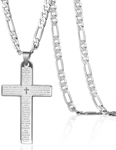 Kessofera Kreuz Kette Herren, 5MM Figaro Silberkette Herren, 60CM Edelstahl Kreuzkette, Christlicher Gebetskruzifix Anhänger, Halsketten Schmuck Geschenk für Mann Freund Papa Sohn Weihnachten Ostern