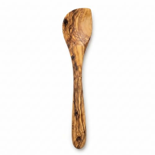 Artisanal Olive Wood Cooking Spoon with Unique Scraping Edge, Reaches Every Corner, Natural Grain, 100% Chemical Free