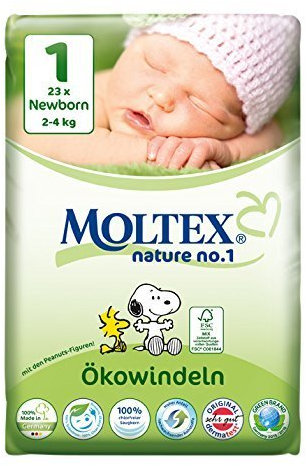 6er Pack 138 St. MOLTEX Nature No1 Peanuts Ökowindeln Babywindeln NEWBORN Gr 1 (2-4 kg) 6x23St.