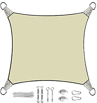 Sonnensegel Quadratisch 5m Farbe Creme mit praktischem Ösen Montagekit - Sonnenschutz für Ihren Garten/Balkon!
