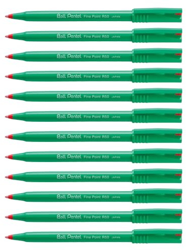 Pentel R50 Rollerball Pen Green Barrel Water-based 0.8mm Tip 0.4mm Line Red Ref R50-B [Pack of 12]