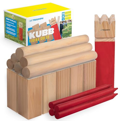 Triumph Premium Kubb Set – beinhaltet 10 Kubb Blöcke, 6 Wurfdübel und 1 King Kubb 4 Eckklammern