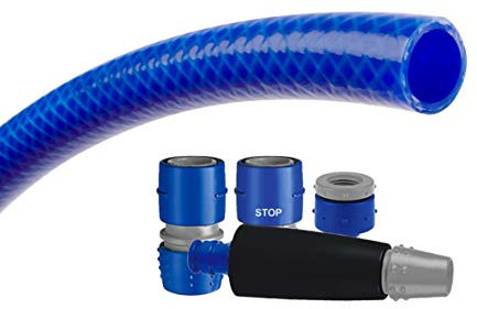 TATAY Kit Manguera de jardin Blue Line 25 metros Ø5/8 15mm, de 3 Capas, Hecha en España, Resistencia 28 bares y +60°/-20°, Trenzado, Libre de Cadmio y Plomo, Libre de BPA, Anti-UV, Color Azul