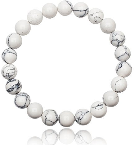 UNIQUE GEMS Damen Perlenarmband weißer Türkis Ø 8mm Perlen Naturstein Edelstein Armband elastisch 16cm bis 19cm Juweliers- Qualität