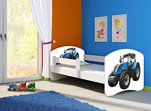 CLAMARO 'Fantasia Weiß' 160 x 80 Kinderbett Set inkl. Matratze und Lattenrost, mit verstellbarem Rausfallschutz und Kantenschutzleisten, Design: 42 Traktor