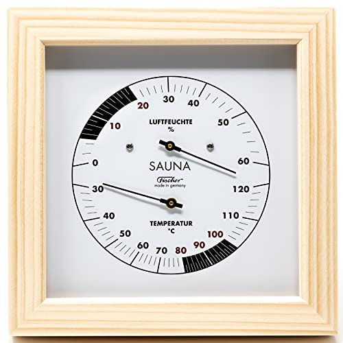 Fischer 188TH-03 - Sauna-Thermohygrometer - 170mm Haar-Hygrometer und Bimetall-Thermometer aus Kiefer - Made in Germany