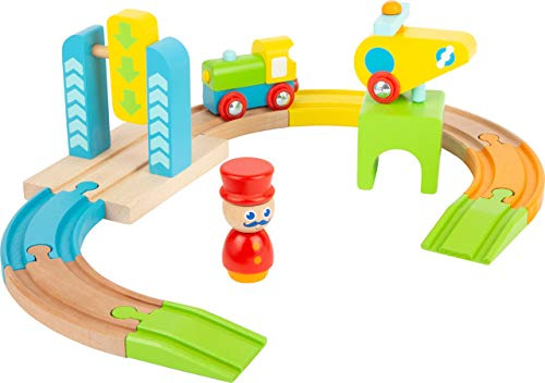 small foot 11493 Eisenbahnset aus Holz, mit Lok und Hubschrauber, in bunten Farben gehalten, für Kleinkinder ab 1 Jahr