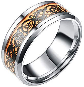 HIJONES Herren Celtic Schwarz Dragon Gelb Nachtleuchtend Carbon Fiber Silber Edelstahl Ring Ehering 8MM Größe 65