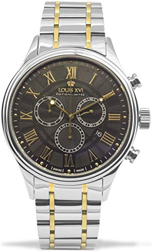 LOUIS XVI Herren-Armbanduhr Danton Bicolor Silber Gold Schwarz Stahlband Römische Zahlen Chronograph Analog Quarz Edelstahl 978