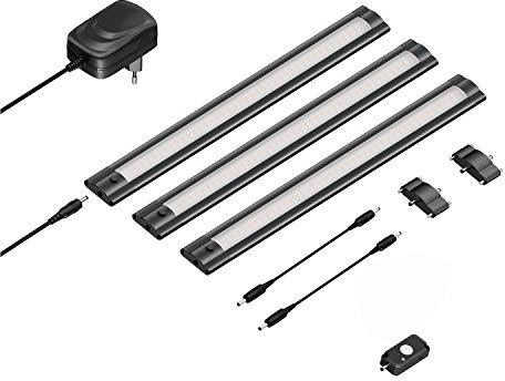 ledscom.de 3er Set LED Unterbau-Leuchte SIRIS schwarz matt mit Bewegungsmelder, flach, je 30cm, je 368lm, warmweiß