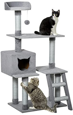 PawHut Tiragraffi Palestra per Gatti Multilivello con Casetta Scala Piattaforme, Pali in Corda di Juta, Grigio, 60.5x40x124cm