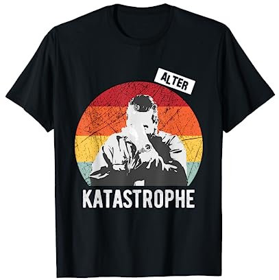 Alter Katastrophe vintage retro lustiger Spruch T-Shirt Schwarz S Stehkragen Kurzarm Klassische Passform Männer