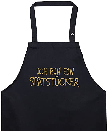 EXPRESS-STICKEREI Schürze Damen/Männer mit lustigem Spruch Ich bin ein SPÄTSTÜCKER Kochschürze verstellbar mit Tasche Grillschürze Küchen Schürze Herren - Teenager Sporttasche Morgenmuffel