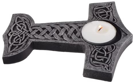 Thor's Hammer Teelichthalter - Mjölnir Kerzenhalter 14cm - Nordische Mythologie Deko - Wikinger Geschenk - Polyresin Skulptur - Fantasy Tischdekoration