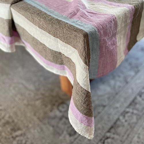JOWOLLINA Leinen Tischdecke Allrounder Überwurf Provence (Stripe FlieBrauBla, 136x260 cm)