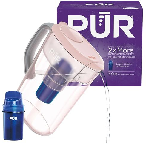 PUR 7-Cup Water Pitcher, 1 Genuine Filter, Cleaner, Great-tasting Water, Dishwasher Safe, Powerful, Faster Filtration, LockFit Cap Design - Blush