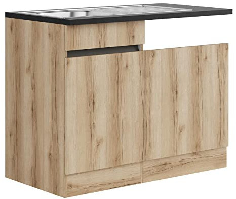 idealShopping GmbH Küchen Spülenschrank Set mit Arbeitsplatte Kaya SPGSSET-0+ in Wildeiche Nachbildung 110 cm breit