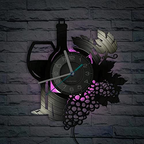Smotly Reloj vintage con patrón de vino de uva, decoración de pared para bar, restaurante, hogar (con luz)