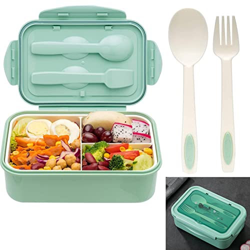 Kaket Bento Lunch Box, Bento Boxes, Meal Prep Containers with Fork and Spoon, Multi Compartment Bento for Adults Kids, Dishwasher Safe Micro-Wave Safe (Green)