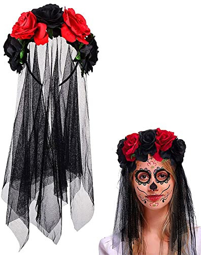 YKKJ Halloween Stirnband, Gothic Damen Rose Blumen Haarband Und Spitze SchleierHalloween Schädel kopfstück Fancy Dress Haarschmuck Party Kopfband, Schwarz, M