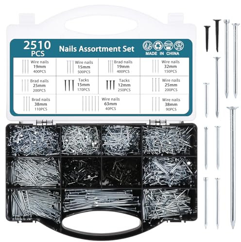 HSEAMALL Juego de 2510 piezas de uñas surtidas, clavos para madera, clavos Ron para colgar imágenes, clavos de pared pequeños para bricolaje y manualidades, decoración del hogar