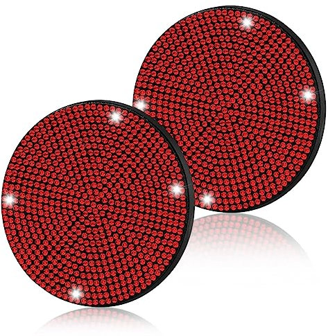 2Pcs Car Water Coasters, Jagowa Shiny Diamonds Crystal Anti-Slip PVC Soft Coasters Car Cup Holder Car Accessories for Women and Girls (Red)