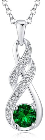 LOCIBLO May Birthstone Necklaces for Women 925 Sterling Silver Infinity Pendant White Gold Green Synthetic Emerald Necklace Jewellery for Her, 16+2