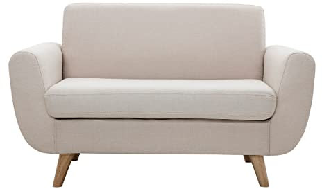 Miliboo Skandinavisches Sofa, 2-Sitzer, Beige und Gummibaum, massiv, Pure