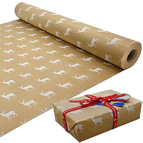 OTMVicor Grand rouleau de papier d’emballage cadeaux de Noël - Papier cadeaux - Papier kraft recyclable - 43 cm x 15 m - Motif élans blancs