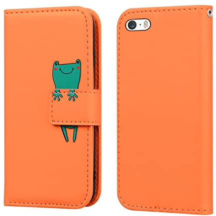 Bartern Flip Case for iPhone 5/5s/SE(2016),PU Leather Wallet Case with Card Slot Kickstand Magnetic,Cartoon Folio Phone Cover Compatible with iPhone 5/5S/SE,Frog Orange