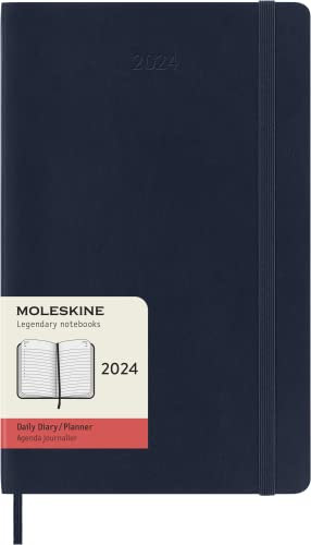 Moleskine Tagesplaner 12 Monate 2024, Planer 2024, Großes Format 13x21, Weicher Einband und elastischer Verschluss, Saphirblau
