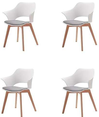 HJhomeheart Lot de 4 chaises de Salle à Manger, Pieds en Bois Massif, Chaises de Bureau avec accoudoirs, Chaises en Tissu, Blanc
