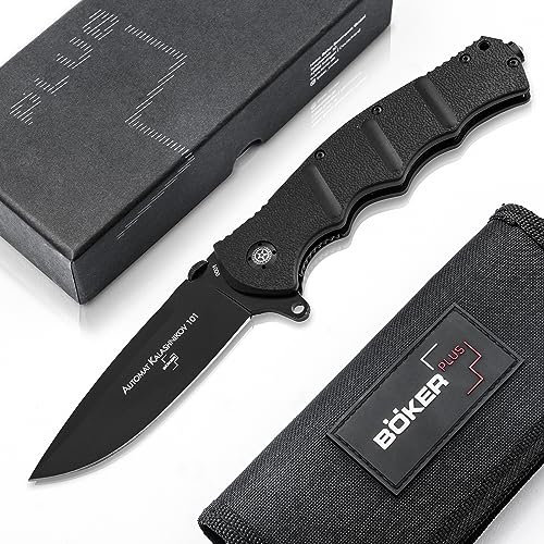 BÖKER PLUS® AK101 2.0 taktisches Einsatz-Messer - schwarz mattes D2 Taschenmesser mit Daumen-Pin - Droppoint Knife mit Glasbrecher - Kalashnikov Klappmesser mit Liner-Lock & Clip
