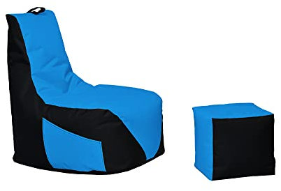 Momiralland Gaming Sitzsack - mit Lehne Sitzkissen - Beanbag - BodenKissen Sessel In- & Outdoor geeignet - Gaming mit PC Xbox & Playstation (Schwarz - Hellblau, Sitzsack + Hocker)