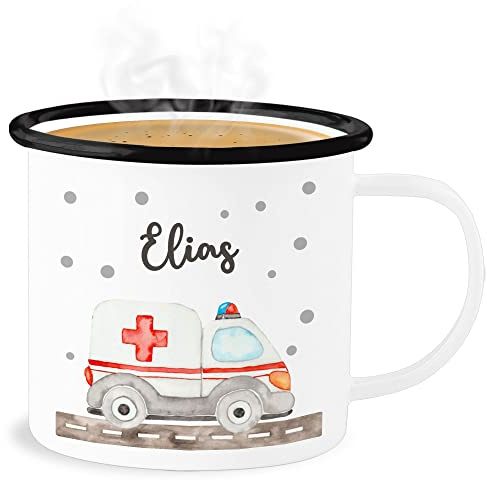 Emaille Becher Blechbecher - Krankenwagen mit Name personalisiert I Blaulicht Geschenk Rettungsdienst I Rettungswagen I Ambulanz I Rettungsauto - 300 ml - Weiß Schwarz - ambulance cup