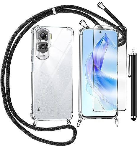 TTSWJBD Coque pour Honor 90 Lite avec Verre Trempé Protection écran Cordon de Collier Réglable Chaîne Antichoc Transparente Silicone Lanyard Case, Housse Étui de Protection - Noir