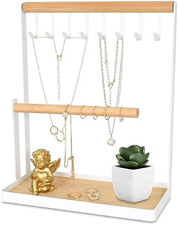 Schmuckständer, Schmuckhalter Schmuckbaum, Schmuckständer aus Holz und Metall, Schmuck-Organizer-Ständer, mit Aufbewahrungsbasis, Kettenaufbewahrungsständer, für Ketten Ringen Armbändern Uhren, Weiß