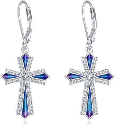 Kreuz Ohrringe für Damen Sterling Silber Ohrhänger Kreuz Zirkonia Hängend Ohrringe Religion Tropfen Ohrringe Schmuck Christen Geschenke für Herren (B-Zirkonia Blau)