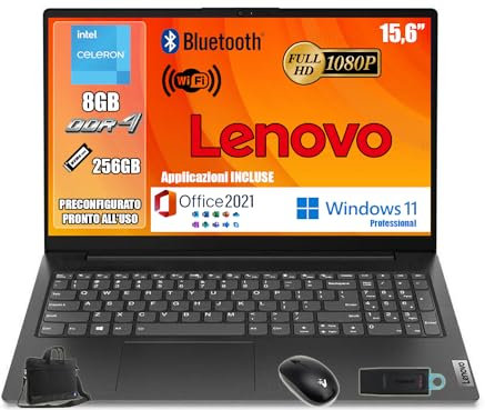 Lenovo Pc Notebook, Cpu Intel N4500, Ram 8GB, SSD 256GB, Monitor 15.6 FullHD, Ingresso Lan, Hdmi, Usb-TypeC, Win 11 Pro, Pronto all'uso, Mouse WiFi ,2 Anni Garanzia.